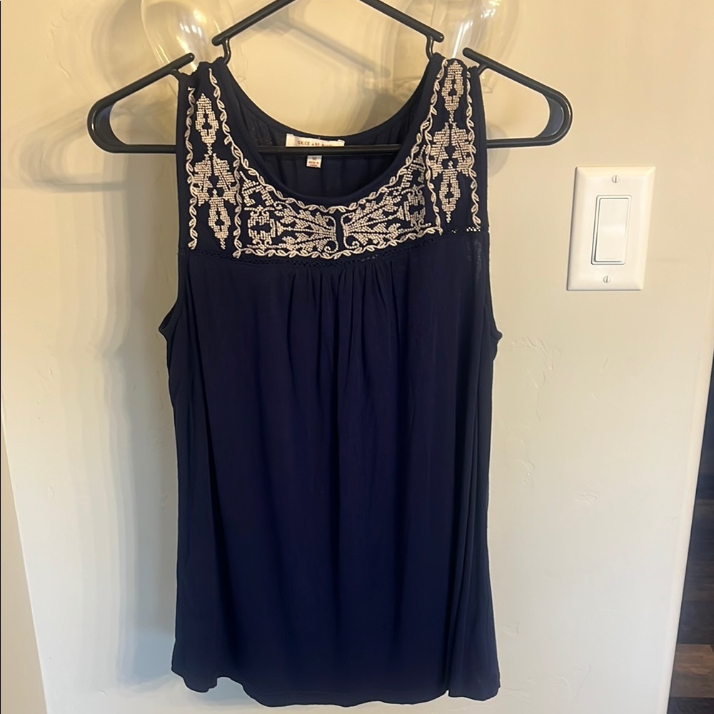 Chico's Navy Blue Embroidered Tank Top